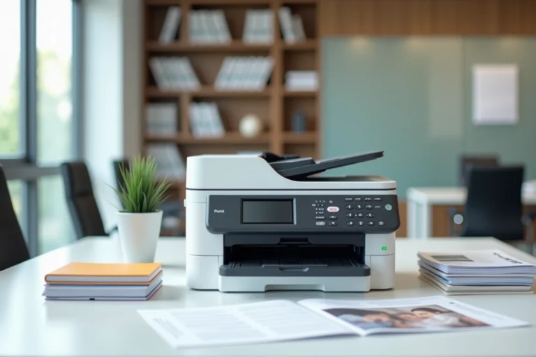 Imprimante multifonction couleur Brother DCP-L3550CDW posée sur un bureau de bureau moderne avec des documents imprimés