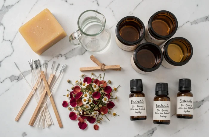 Vue de dessus des matériaux nécessaires à la fabrication de bougies végétales maison disposés sur marbre blanc