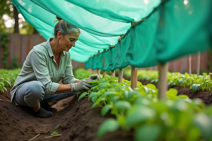 Jardinière installant un filet d'ombrage vert sur des plants de tomates dans un potager extérieur