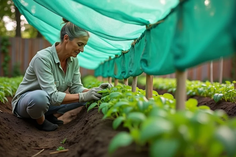 Jardinière installant un filet d'ombrage vert sur des plants de tomates dans un potager extérieur