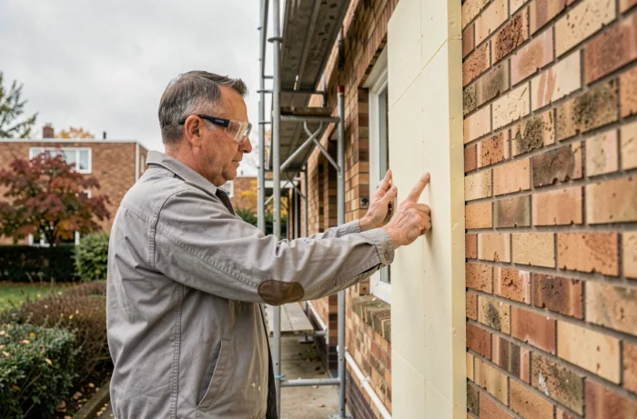Artisan installant des panneaux d'isolation thermique par l'extérieur sur un bâtiment résidentiel en brique