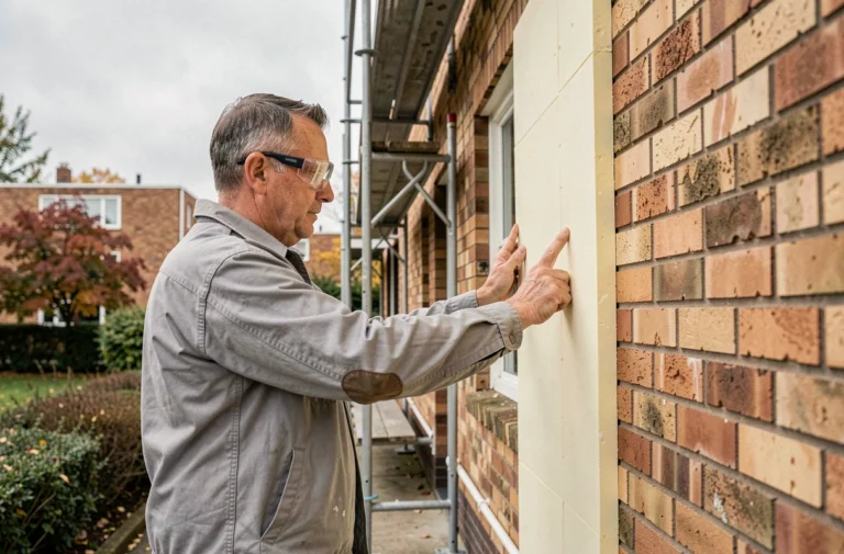Artisan installant des panneaux d'isolation thermique par l'extérieur sur un bâtiment résidentiel en brique