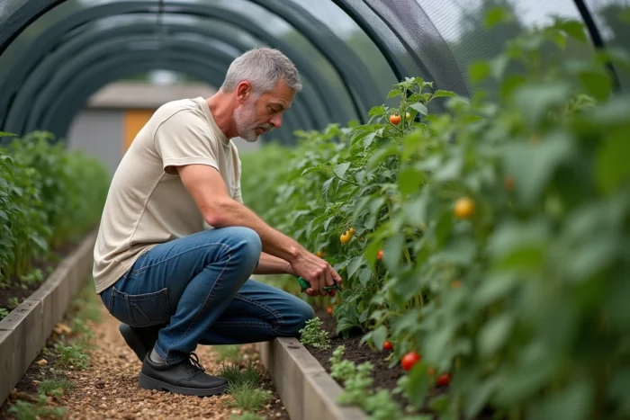 Jardinier inspectant des plants de tomates en pleine croissance sous une structure de filet d'ombrage noir dans un potager
