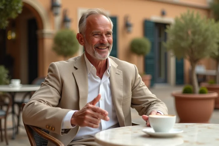 Jean-Pierre Papin profitant d'une terrasse de café en France illustrant son style de vie prospère après sa carrière sportive