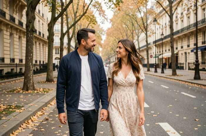 Couple se promenant sur un boulevard parisien en automne, capturé dans une ambiance candide et naturelle