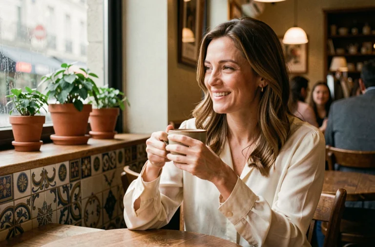 Femme souriante attablée dans un café parisien, évoquant une conversation intime et complice