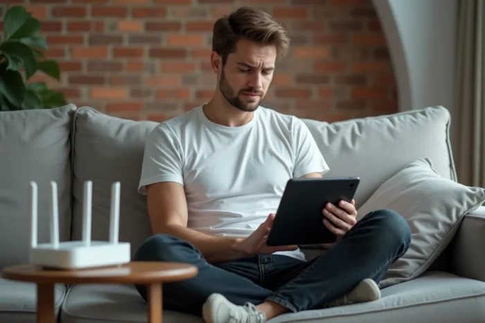 Jeune homme dans un salon vérifiant une erreur de connexion sur une tablette près d'un routeur Wi-Fi