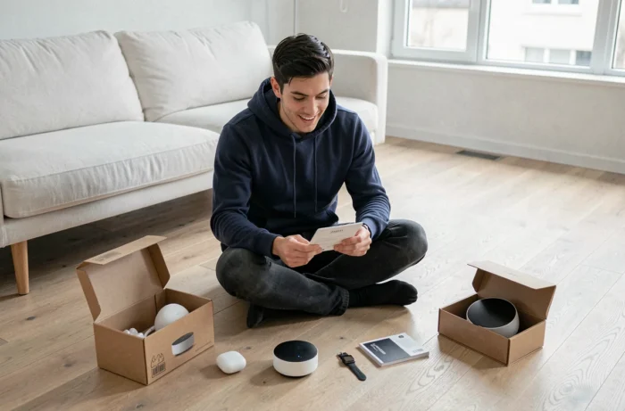 Un jeune homme entouré de gadgets high-tech et d'appareils connectés sur le sol d'un salon moderne, illustrant les tendances geek de l'année