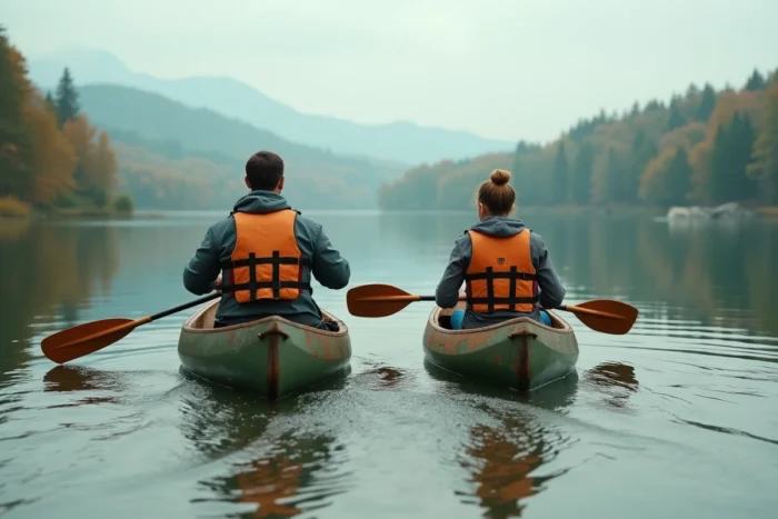 Père et fille en kayak sur un lac paisible entouré de forêts dans les Vosges du Nord