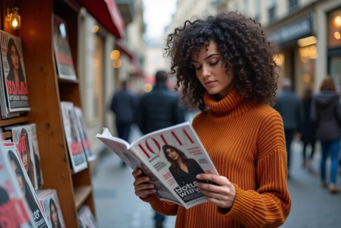 Jeune femme choisissant un magazine féminin tendance à un kiosque parisien en 2025