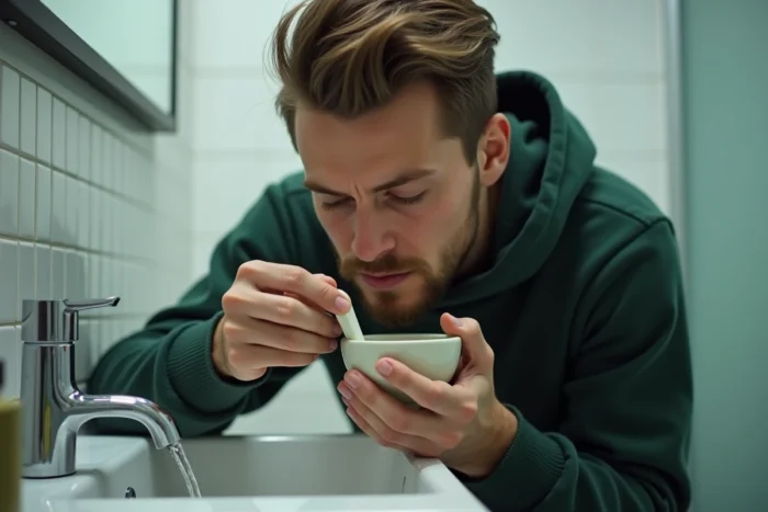 Homme pratiquant un lavage nasal pour soulager une sinusite chronique dans la salle de bain