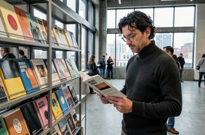 Homme lisant une revue de poésie contemporaine dans un centre culturel urbain moderne