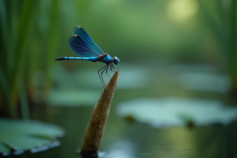 Libellule bleue perchée sur un roseau au bord d'un étang paisible, symbolisant la sérénité et l'énergie vibratoire