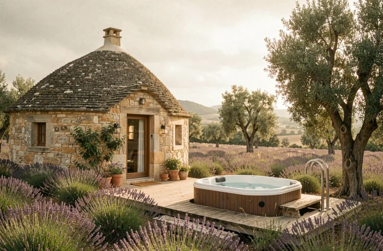 Logement insolite en pierre avec jacuzzi privatif en plein air entouré de champs de lavande en Provence, idéal pour un séjour romantique en PACA