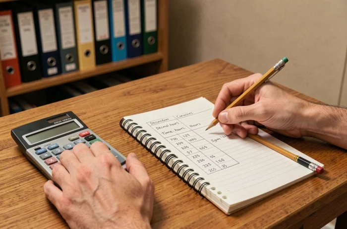Mains utilisant une calculatrice pour convertir des heures en centièmes avec un carnet de notes manuscrit