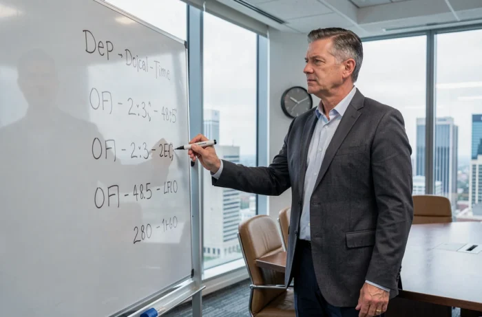 Manager écrivant des heures en centièmes sur un tableau blanc dans une salle de réunion d'entreprise