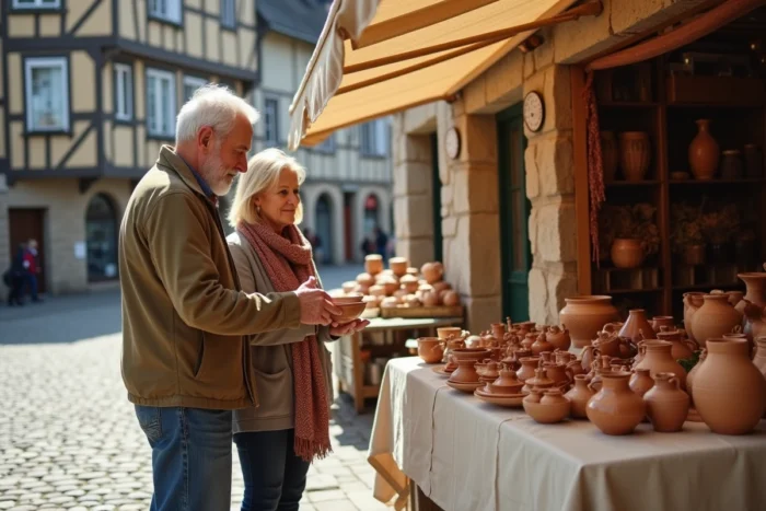 Couple découvrant des produits artisanaux locaux au marché du village de La Petite-Pierre en Alsace