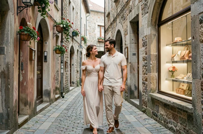 Jeunes mariés en voyage de noces se promenant dans une ruelle pavée d'une vieille ville européenne