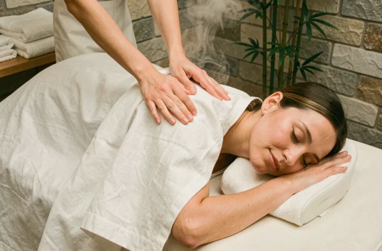 Femme en séance de massage bien-être dans un spa zen, allongée sur une table de massage avec draps blancs, thérapeute appliquant une pression douce sur le dos