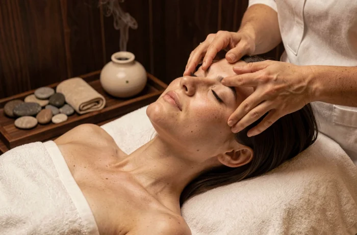 Femme recevant un massage du visage et du cuir chevelu dans un spa aux murs en bois teck, ambiance relaxante avec diffuseur et pierres naturelles