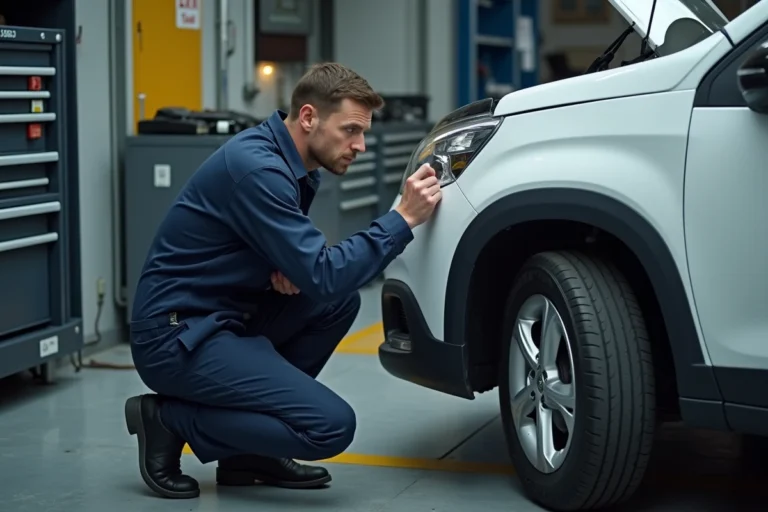 Mécanicien inspectant le moteur d'une Peugeot 2008 blanche dans un garage professionnel avec voyant service allumé