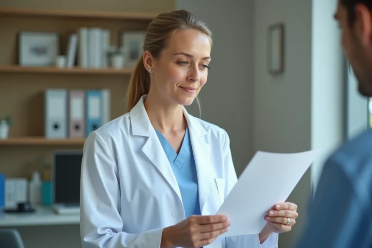 Médecin femme en blouse blanche consultant un dossier médical sur les maladies prises en charge à 100% dans un cabinet hospitalier