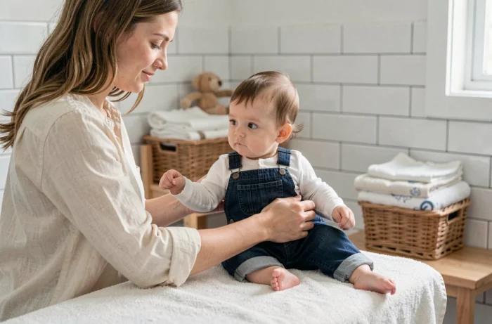 Jeune mère habillant son bébé de 9 mois en salopette bleu marine sur une table à langer dans un espace moderne et épuré