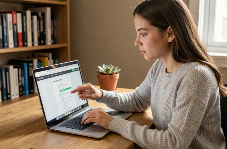 Jeune femme naviguant sur un plan de site web depuis un bureau en bois dans un espace de travail moderne et cosy