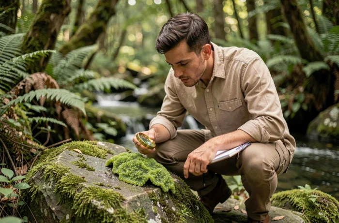 Un homme accroupi au bord d'un ruisseau forestier examine attentivement une anomalie naturelle à la loupe, symbolisant l'étape d'observation du phénomène dans la démarche scientifique.