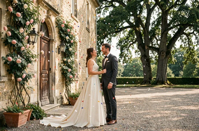 Couple de mariés souriant à l'entrée d'un château en pierre entouré de verdure lors d'un mariage inoubliable