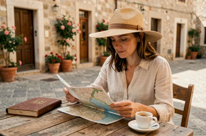 Femme consultant une carte de voyage dans un village méditerranéen pour organiser un voyage inoubliable avec Hôte Antic Travel