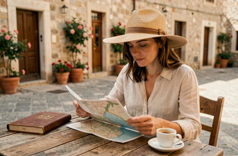 Femme consultant une carte de voyage dans un village méditerranéen pour organiser un voyage inoubliable avec Hôte Antic Travel