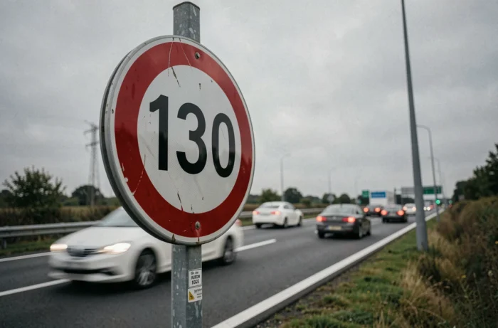 Panneau de limitation de vitesse à 130 km/h sur autoroute française avec circulation floue en arrière-plan
