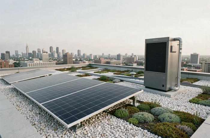 Panneaux solaires photovoltaïques et pompe à chaleur installés sur le toit d'un bâtiment tertiaire rénové