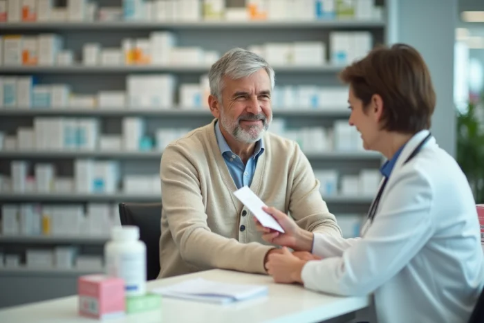 Patient âgé remettant une ordonnance à un pharmacien pour un traitement de maladie longue durée remboursé à 100%