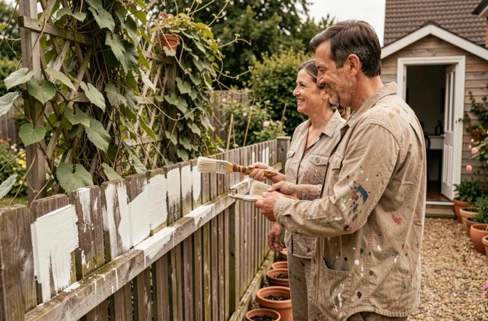 Couple peignant une clôture en bois dans un jardin lors de travaux d'entretien extérieur