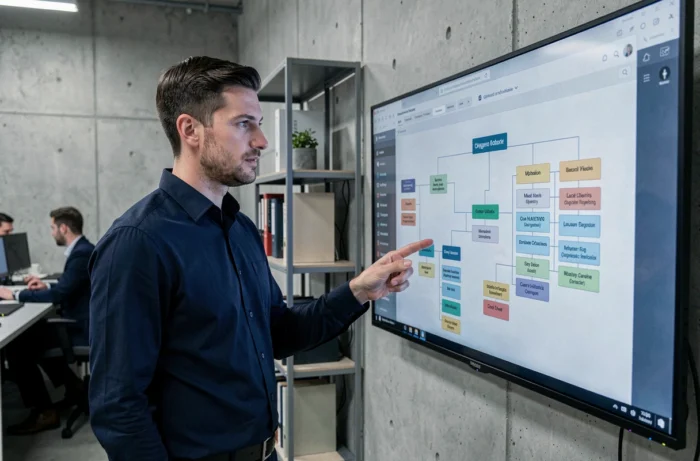 Homme en bureau moderne expliquant la structure d'un plan de site web sur grand écran mural