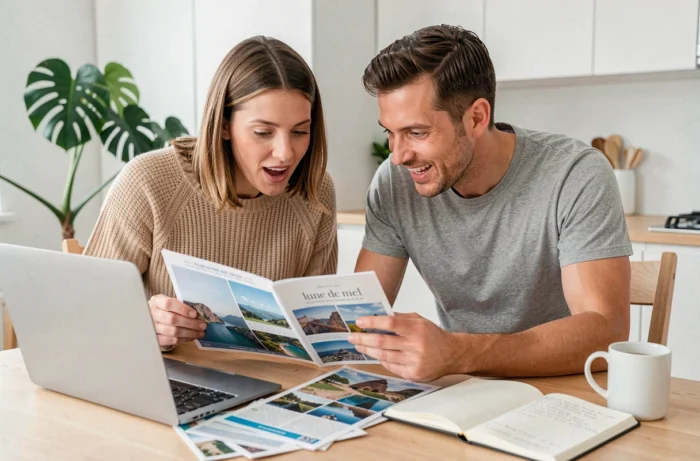 Couple planifiant leur lune de miel ou voyage de noces avec des brochures et un ordinateur portable à la maison
