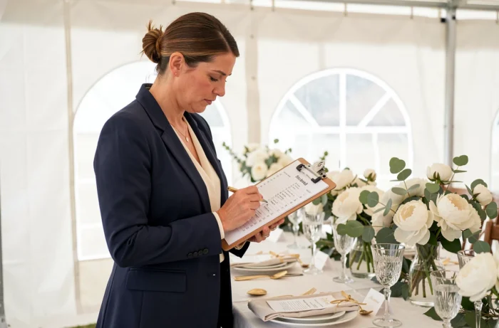 Organisatrice de mariage vérifiant les détails de la décoration de table florale dans une tente de réception élégante