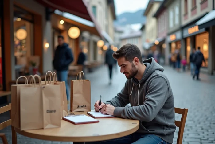 Homme planifiant ses achats avec une liste dans un café de Pas de la Case entouré de sacs duty-free