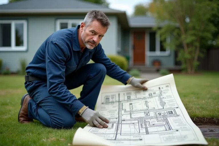 Plombier consultant un plan de canalisation et tout à l'égout devant une maison individuelle