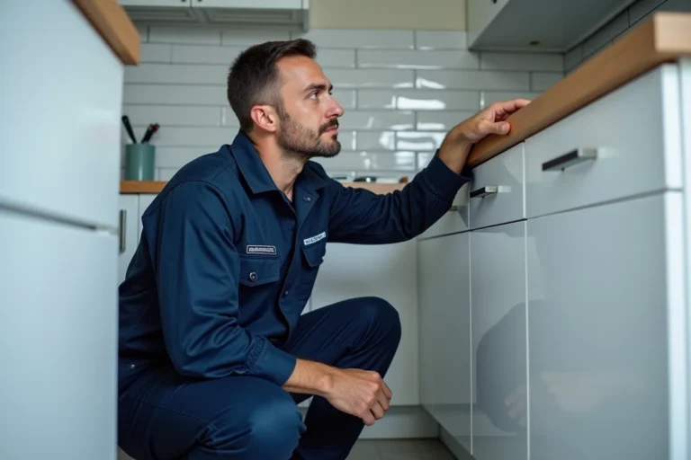 Plombier professionnel en uniforme inspectant les tuyaux sous un évier de cuisine moderne