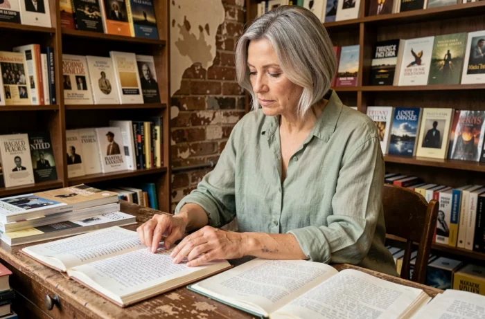 Poète contemporaine feuilletant des revues littéraires indépendantes dans une librairie de quartier