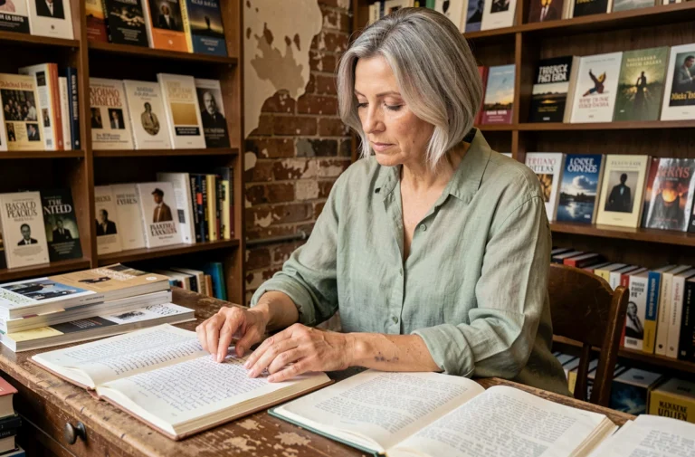Poète contemporaine feuilletant des revues littéraires indépendantes dans une librairie de quartier