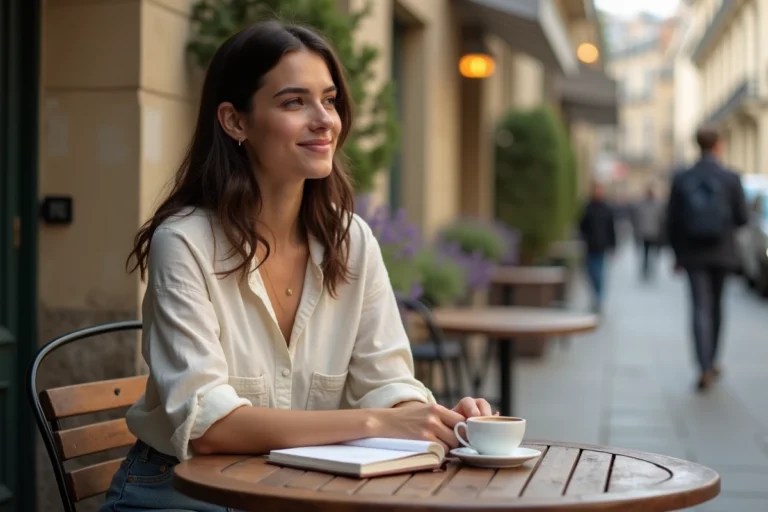 Jeune femme prénommée Manon assise dans un café parisien avec un journal ouvert, illustrant le prénom féminin français populaire