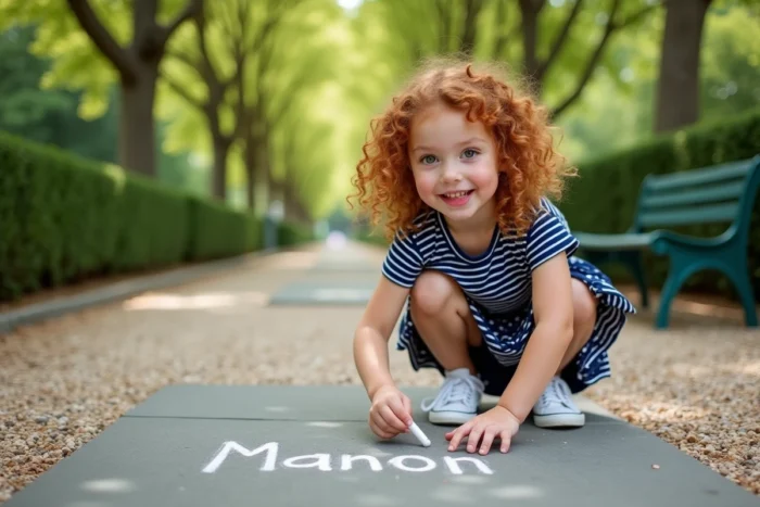 Petite fille écrivant le prénom Manon à la craie sur un chemin de parc, évoquant la popularité de ce prénom en France