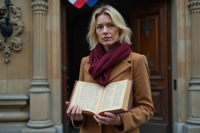 Femme consultant un vieux registre d'état civil français mentionnant le prénom Manon devant une mairie, illustrant l'histoire et l'origine du prénom