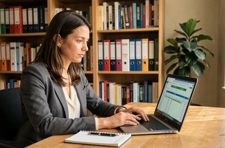 Professeure contractuelle consultant un simulateur de salaire sur son ordinateur portable dans un bureau à domicile
