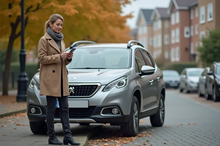 Propriétaire de Peugeot 2008 grise cherchant des informations sur son téléphone après allumage du voyant service