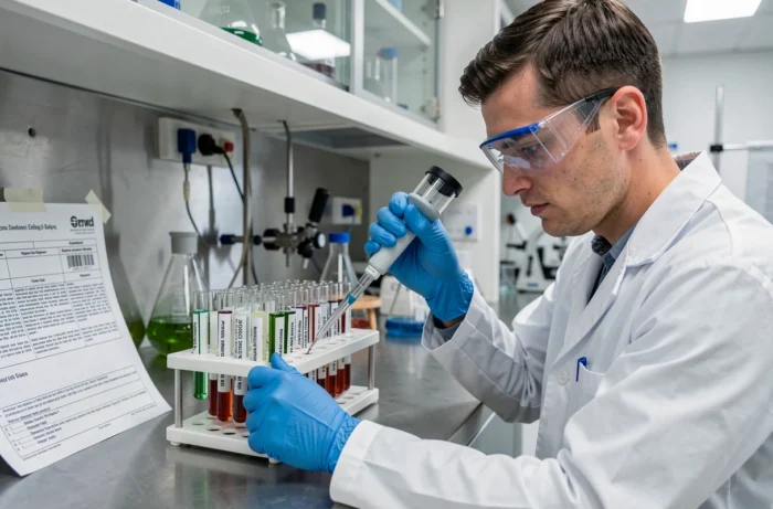 Un chercheur en lunettes de protection et gants bleus effectue un protocole de pipetage précis sur des tubes à essai étiquetés dans un laboratoire de chimie moderne.